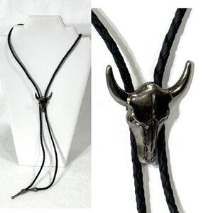 Silver-tone and black cord bull skull western cowboy bolo tie